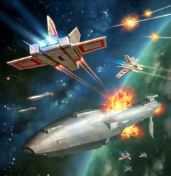 A squadron of Xg-1s attacks a Dauntless-class heavy cruiser.