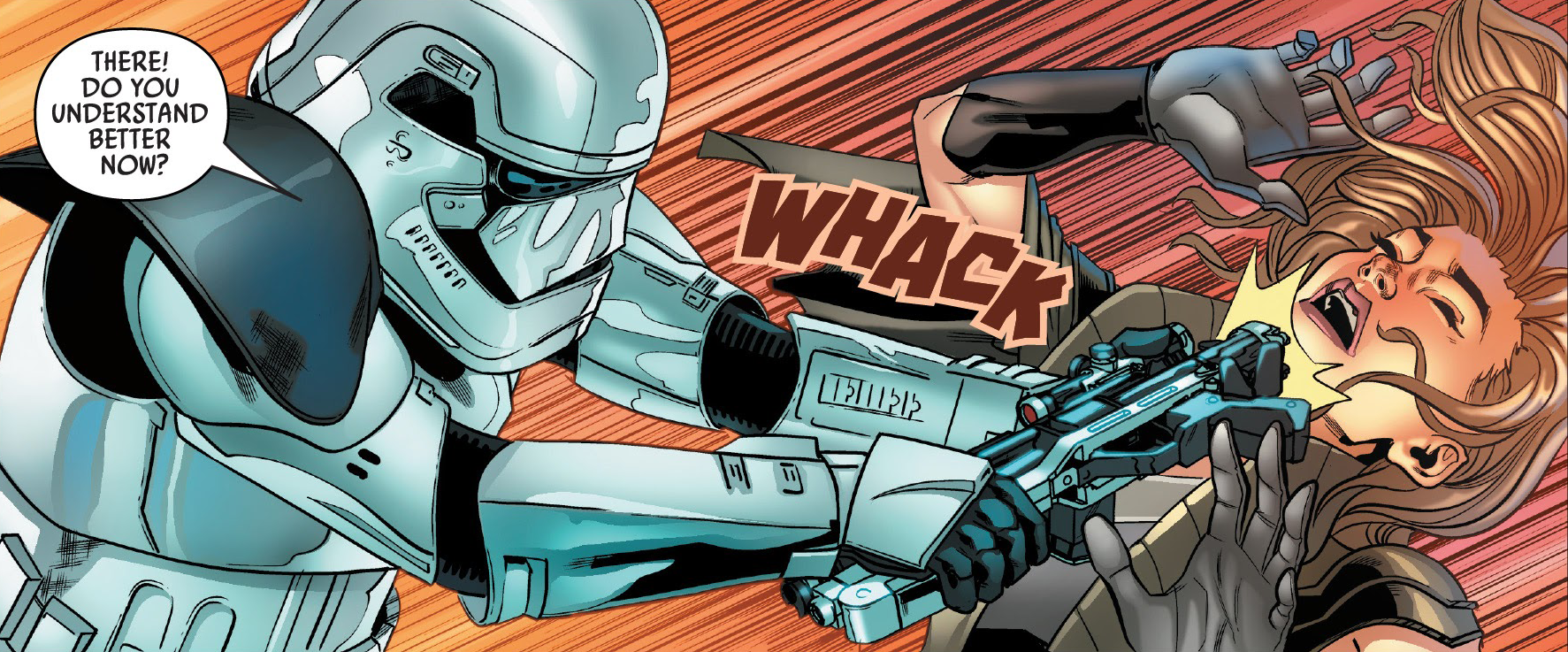 The stormtrooper sergeant smacks Voss with the bottom of his blaster.