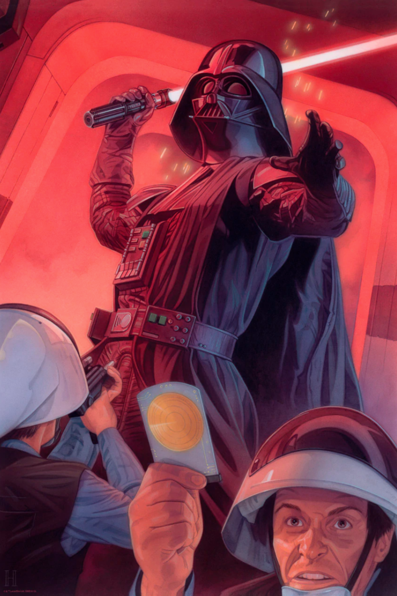 Darth Vader cuts his way through Rebel troopers in his pursuit of the Death Star plans above Scarif.