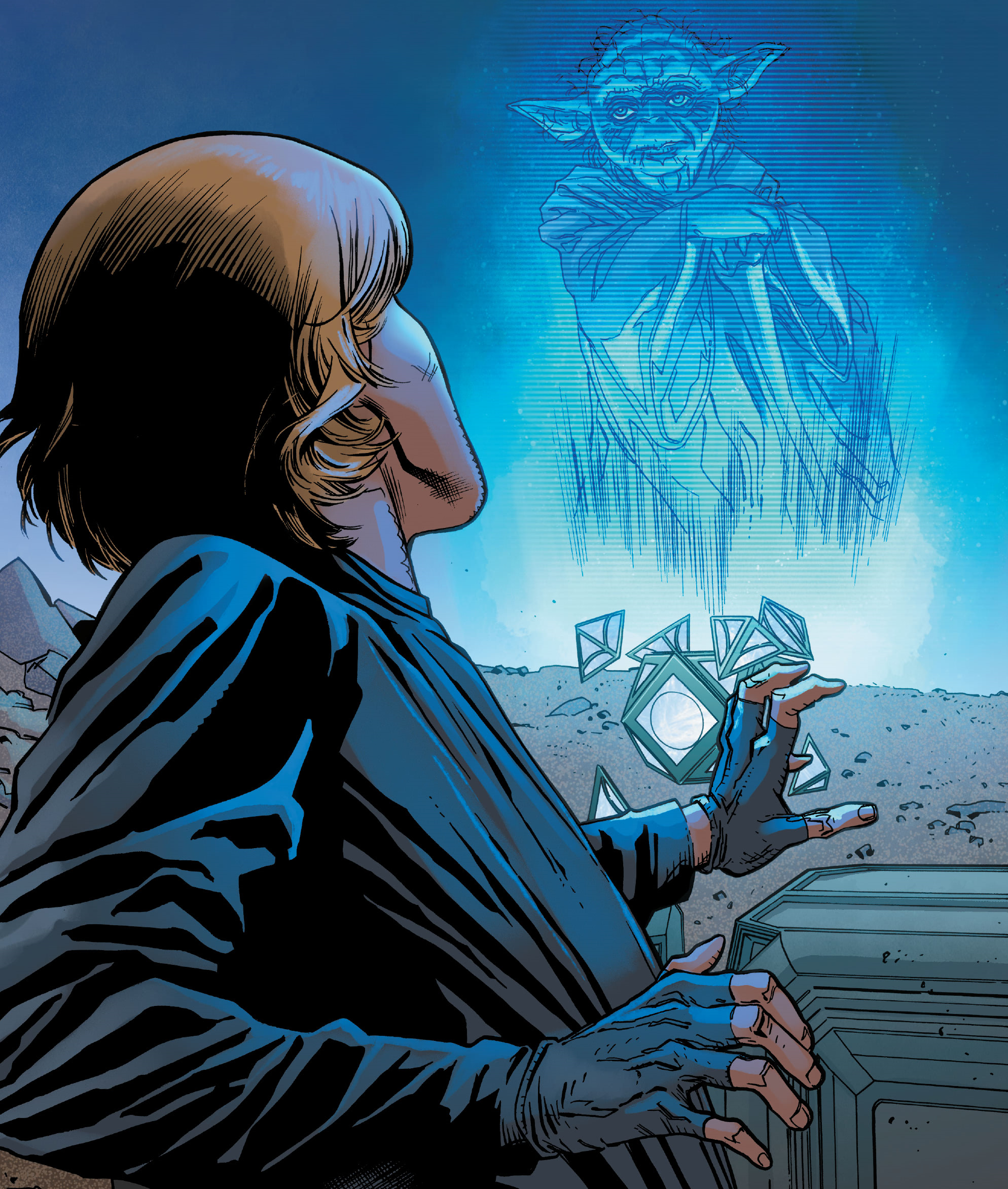 Luke Skywalker finds a recording of Yoda in a holocron.