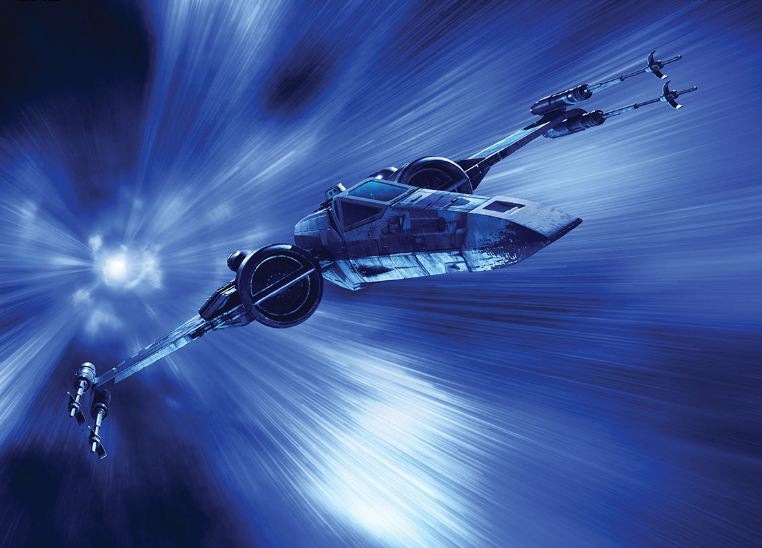 A T-70 X-wing starfighter traveling through hyperspace