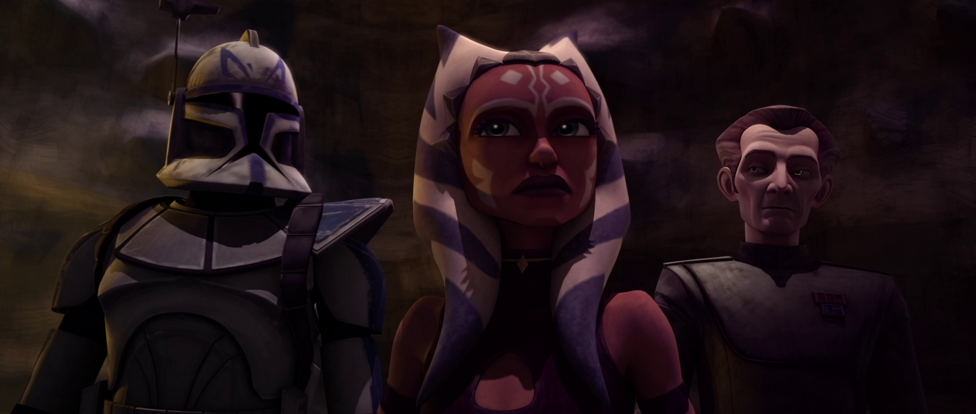 From left to right: Clone Captain Rex, Jedi Commander Ahsoka Tano, and Captain Wilhuff Tarkin, each an example of a clone officer, a Jedi officer, and an enlisted officer in the Republic Military, respectively.