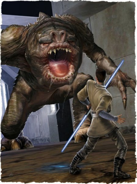 Concept art of Jaden Korr fending off a rancor