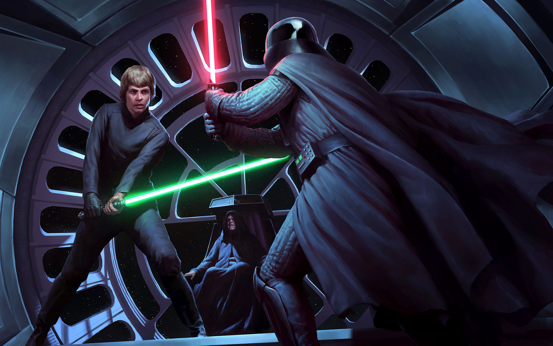 Luke Skywalker and Darth Vader duel in the Emperor's throne room.