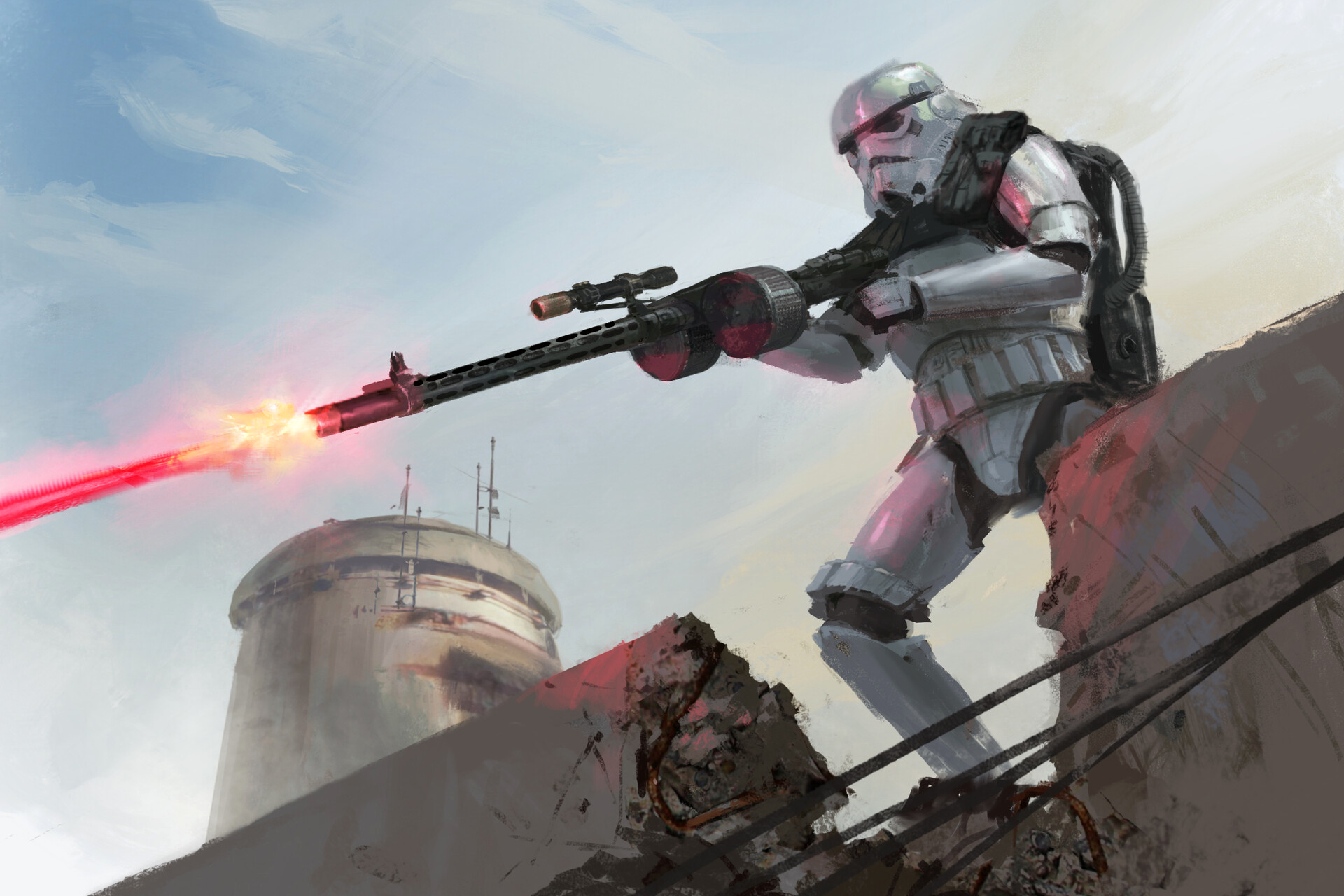 A sandtrooper firing a RT-97C heavy blaster rifle