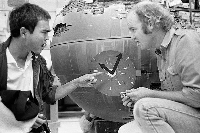 Nilo Rodis-Jamero and Phil Tippett working on a Death Star II model for Return of the Jedi.