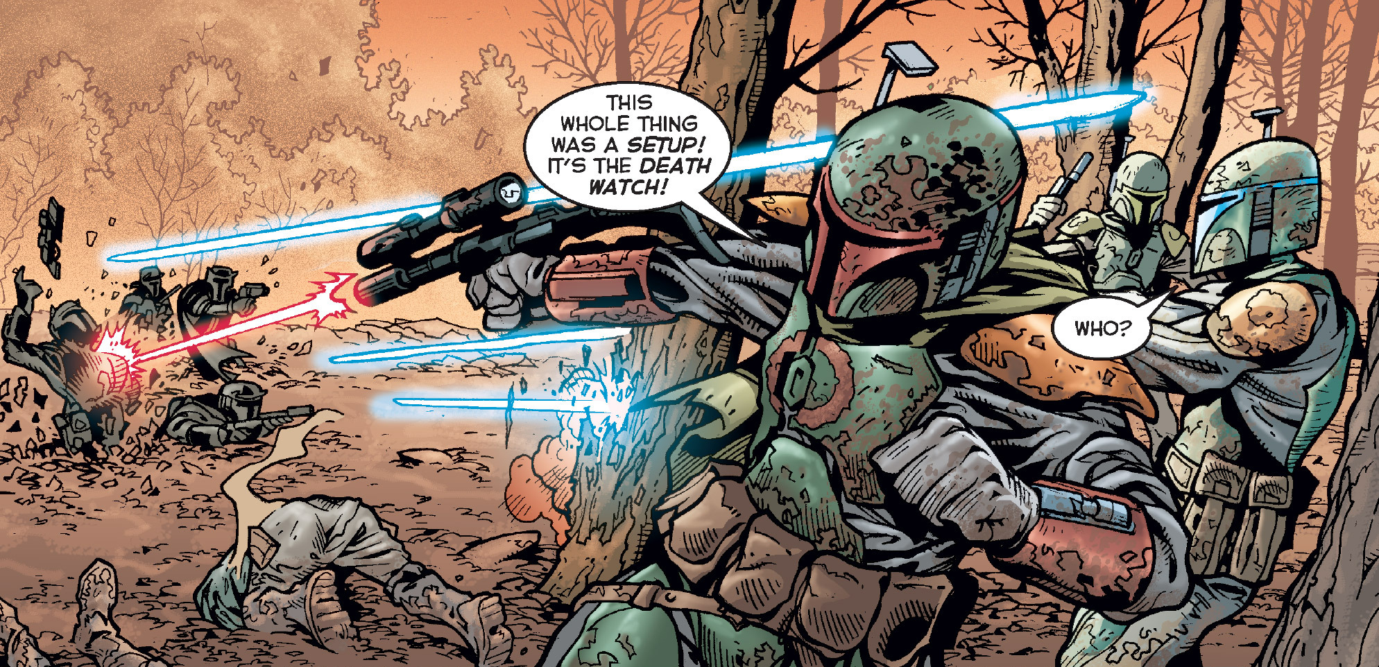 On Korda Six, the True Mandalorians open fire on the Death Watch ambush