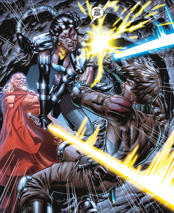 Morne attacks Luke Skywalker.