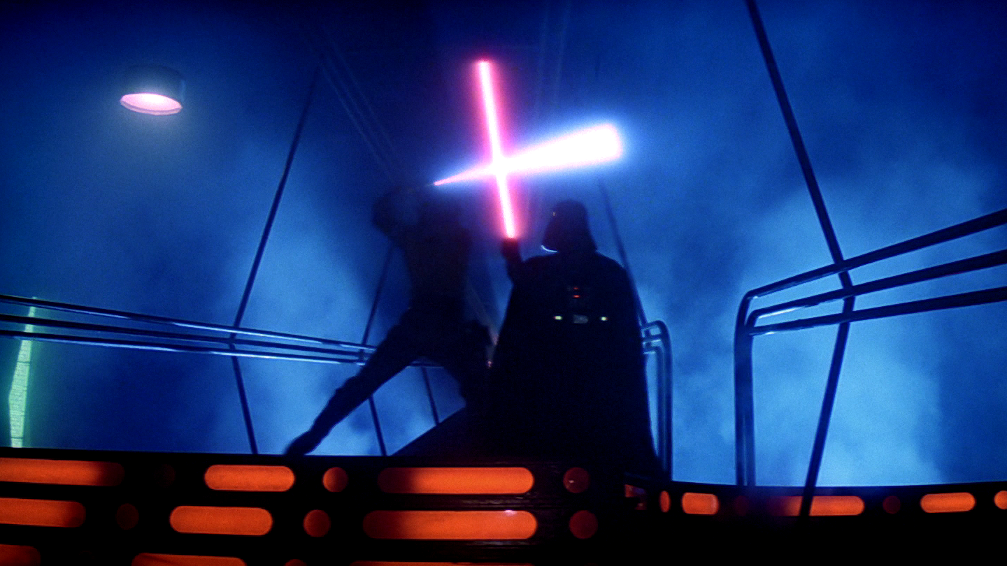 Darth Vader dueling Luke Skywalker in Cloud City.