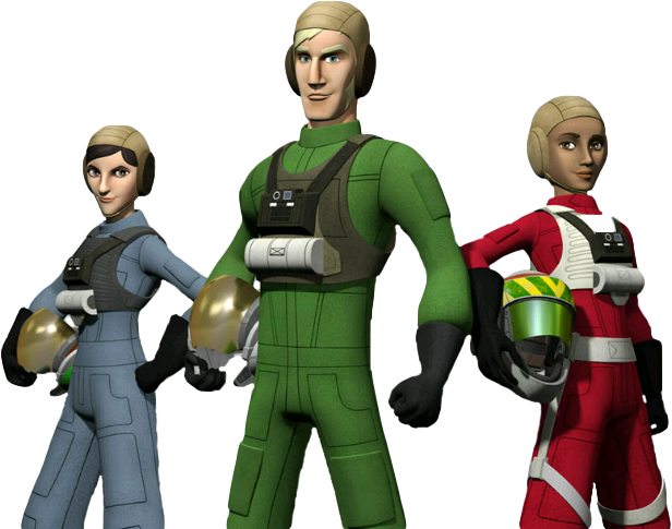 Rebel pilots with assorted helmets and different colored flight suits