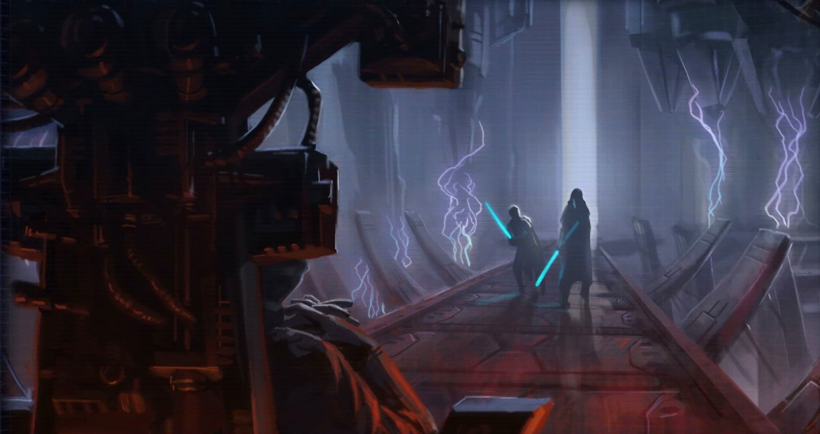 Revan and Malak confront the Sith Emperor in the Unknown Regions.