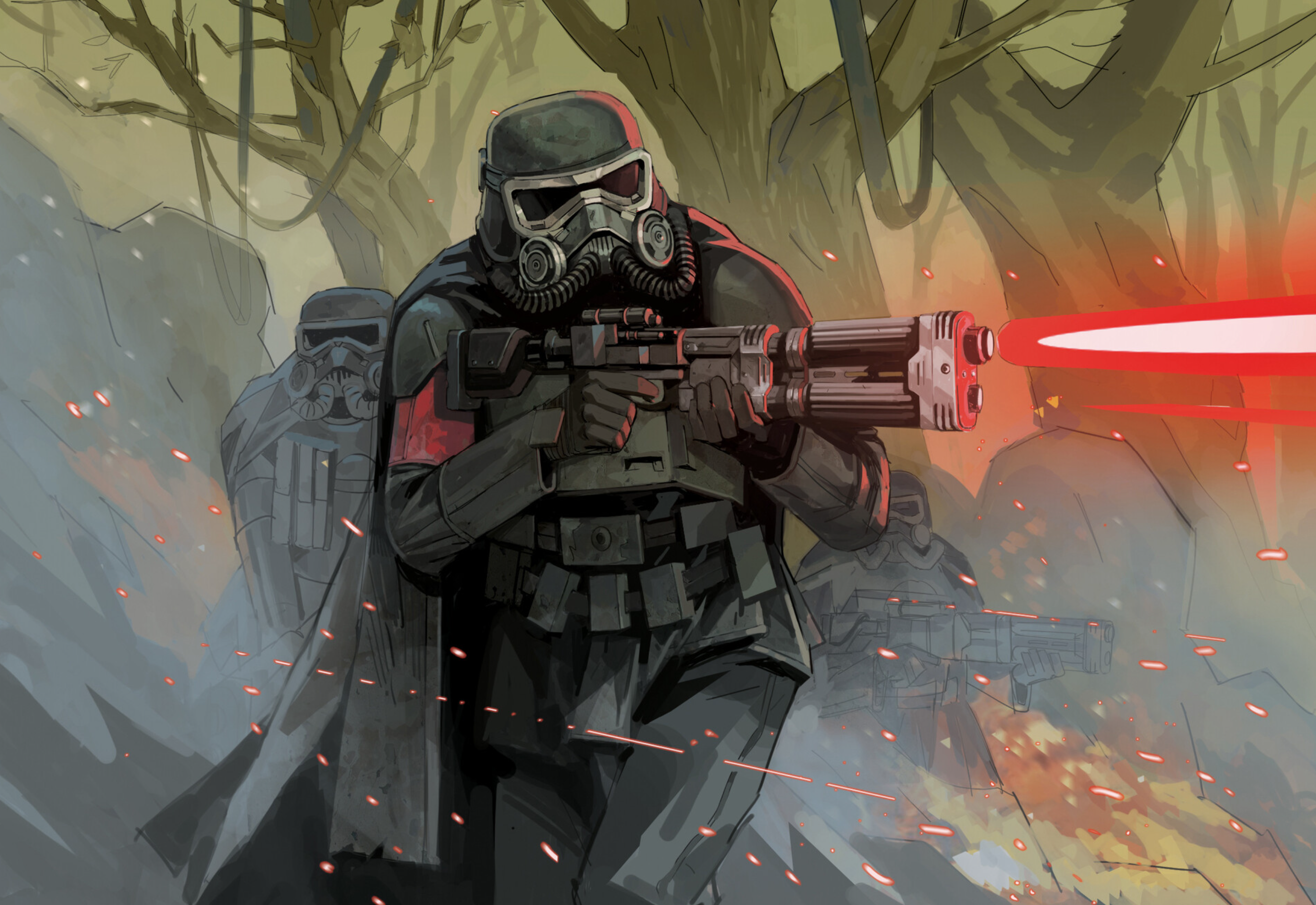 A swamp trooper with an E-22 acts as the vanguard for an Imperial force.