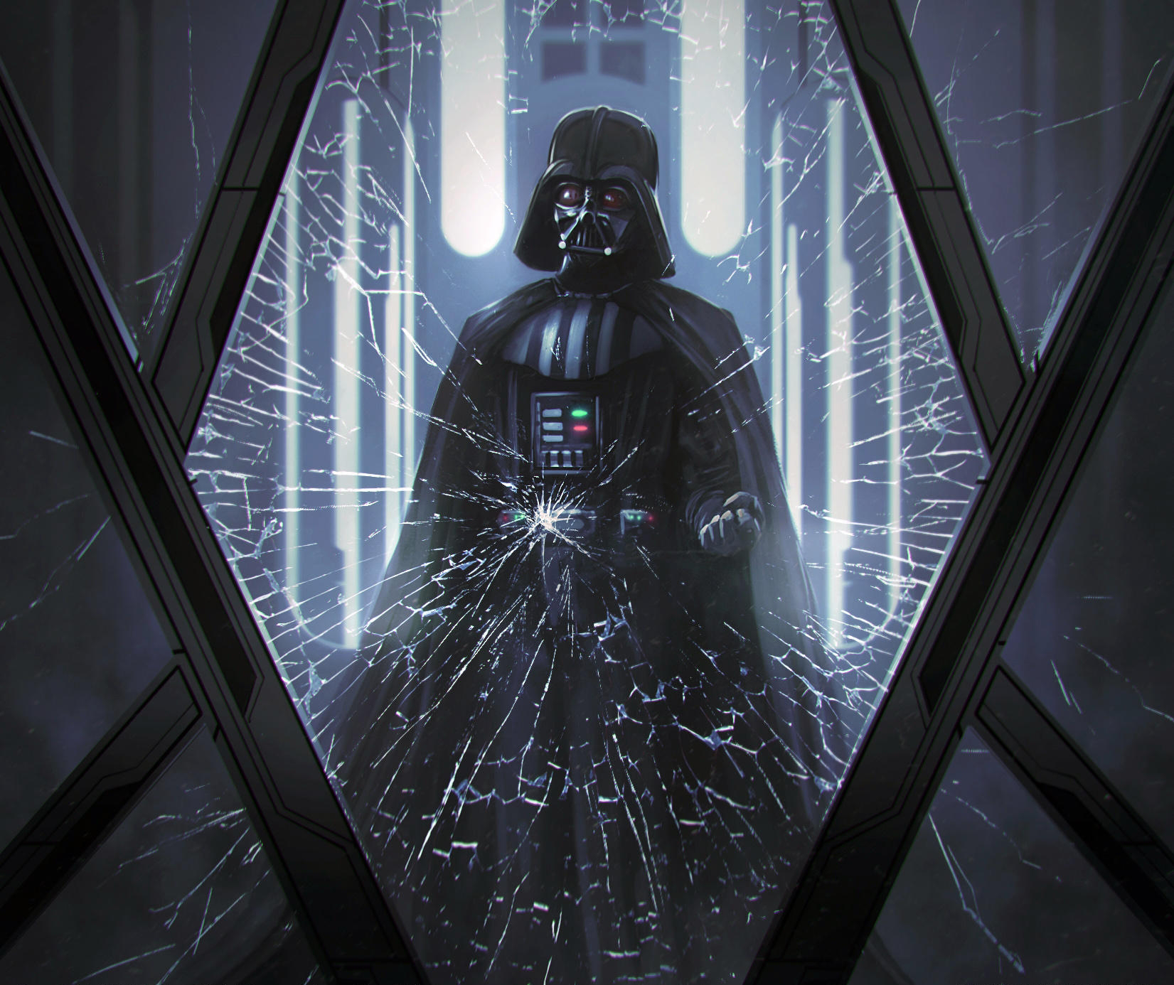 Vader, realizing he has a son, cracks the viewport in anger.