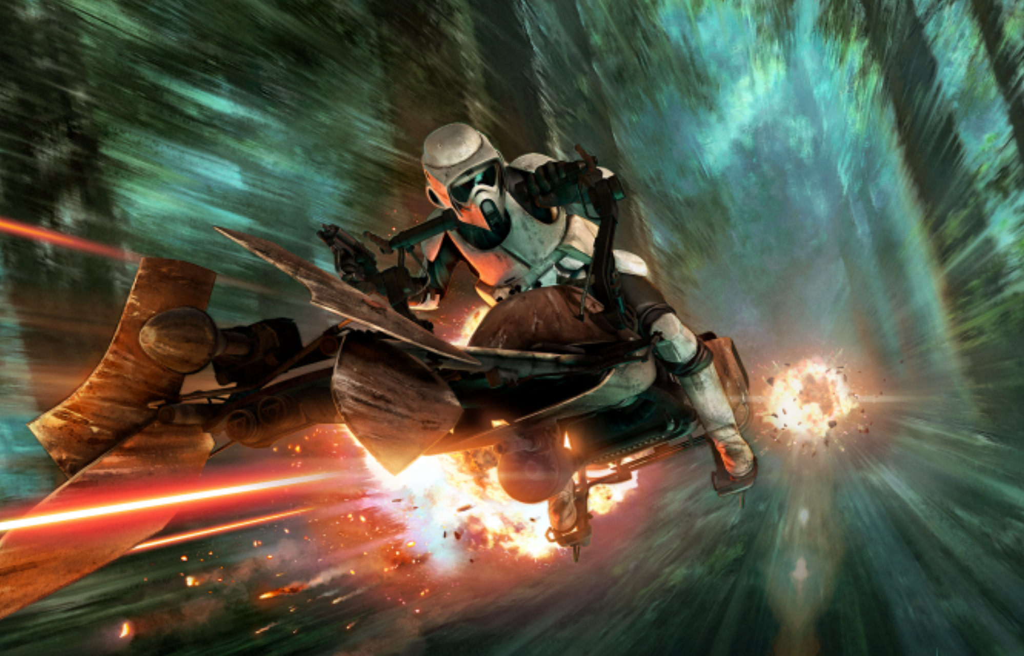 A scout trooper, a typical pilot for the 74-Z, pilots one of the speeder bikes.