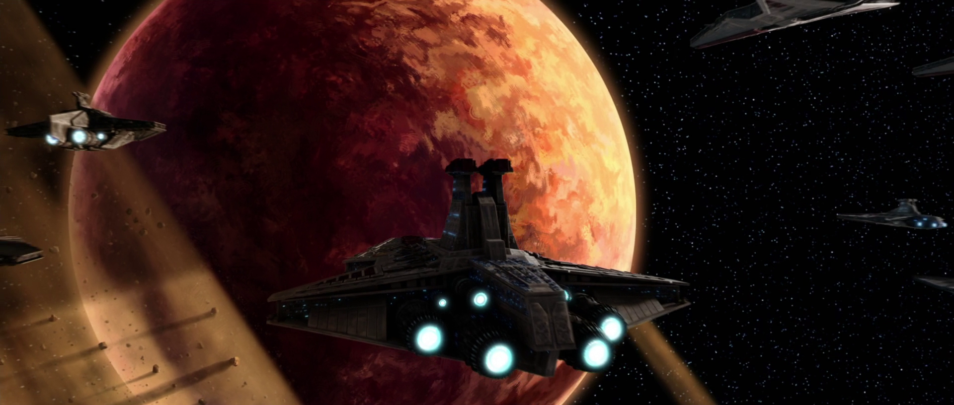 During the First Battle of Geonosis, Adi Gallia commanded the new Republic navy in space (space over Genosis pictured).