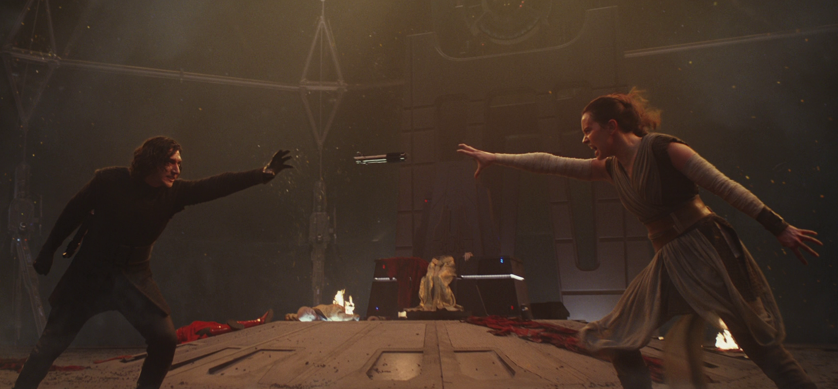 Kylo Ren and Rey engaged in a Force tug of war over the Skywalker lightsaber.