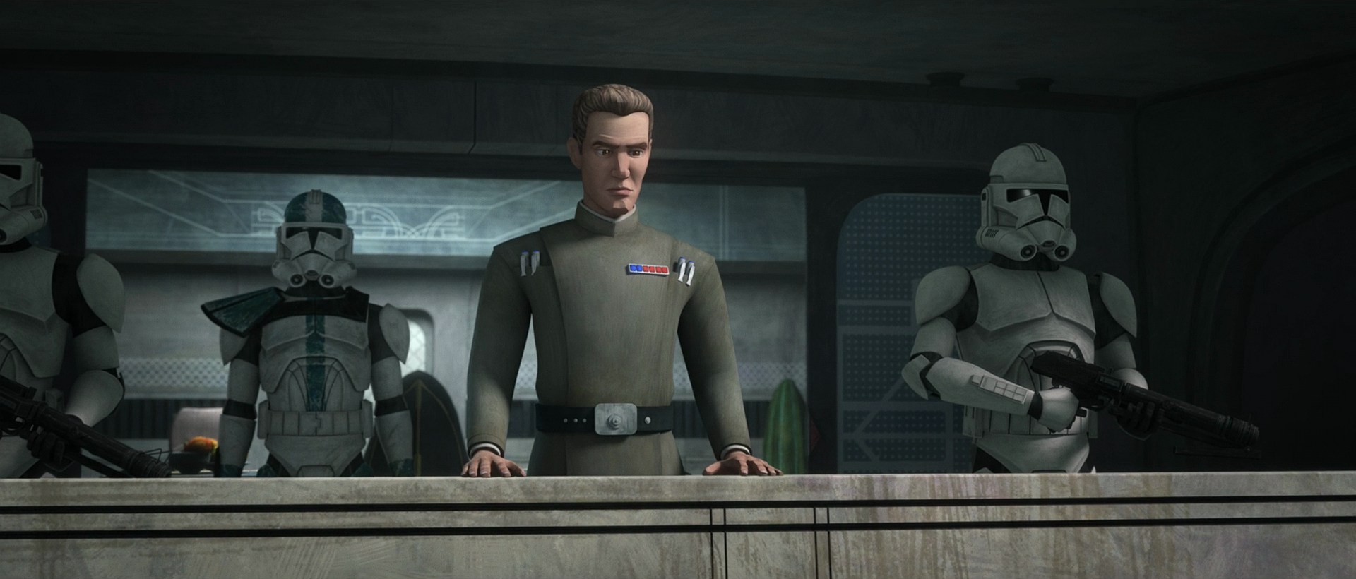 Clones of the Ryloth battalion back Rampart during his speech