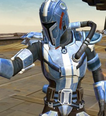 "The Mandos are being riled up by a warlord. Mean brute. Got more scars than I got horns on my head." Security Chief Barret identifying the Mandalorian warlord intending on raiding Outpost Thorazan