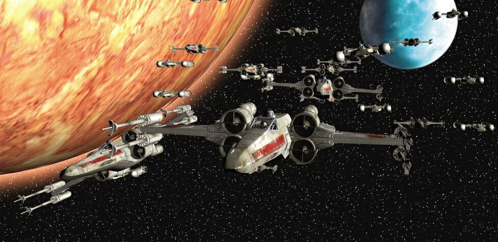 Rebel X-wing and Y-Wing starfighters heading into battle