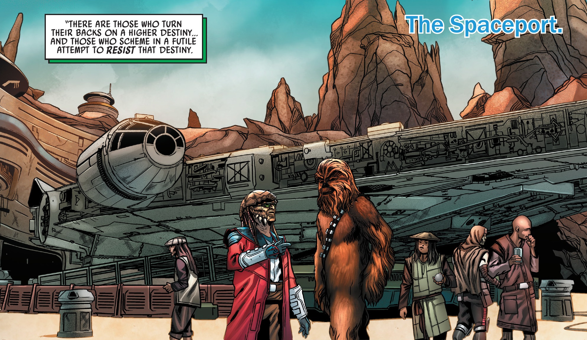 Ohnaka meets Chewbacca at Batuu's Spaceport.