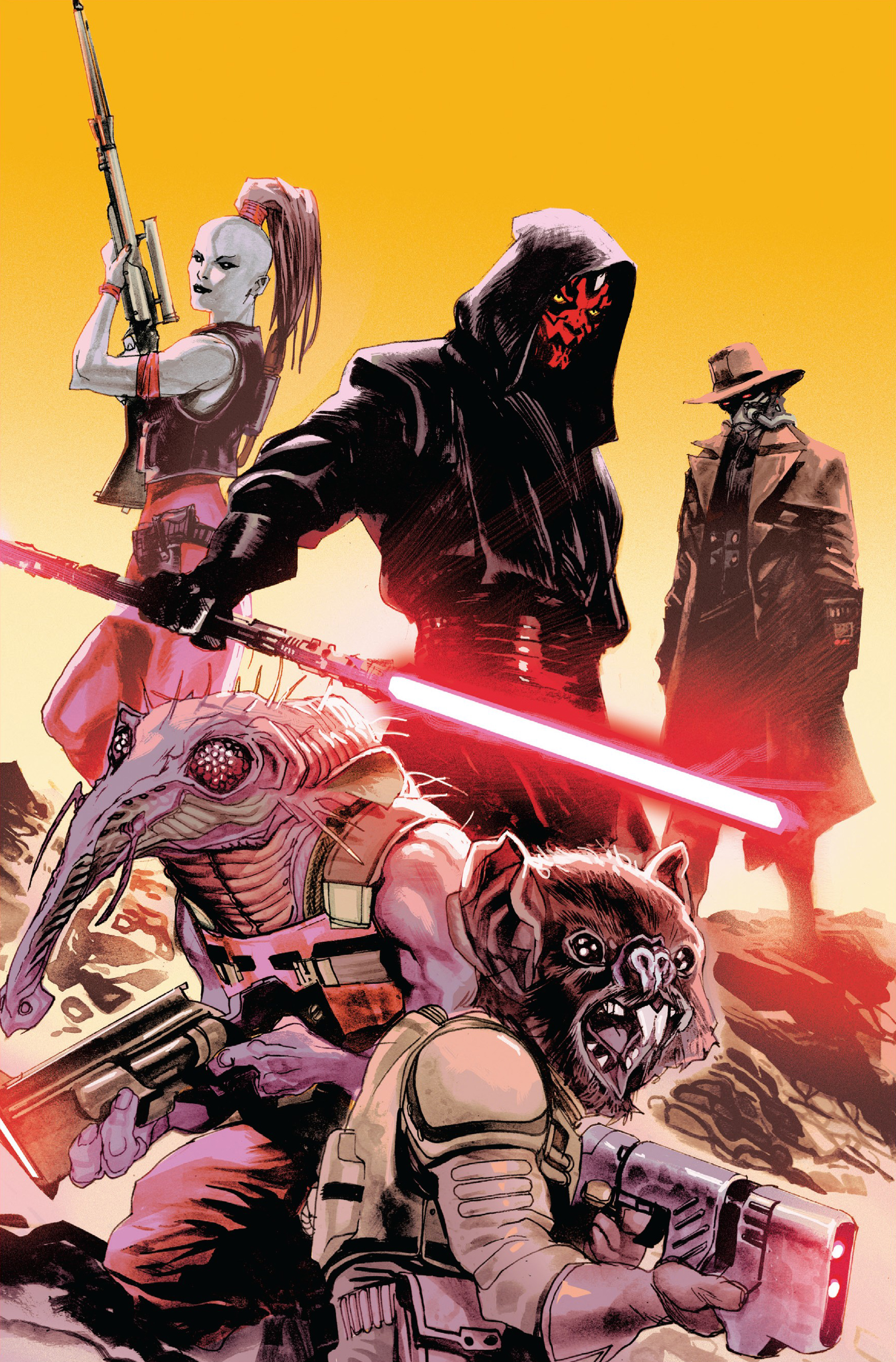 The Sith apprentice Darth Maul hired Cad Bane and his crew as part of a scheme to enter the auction of Jedi Padawan Eldra Kaitis.