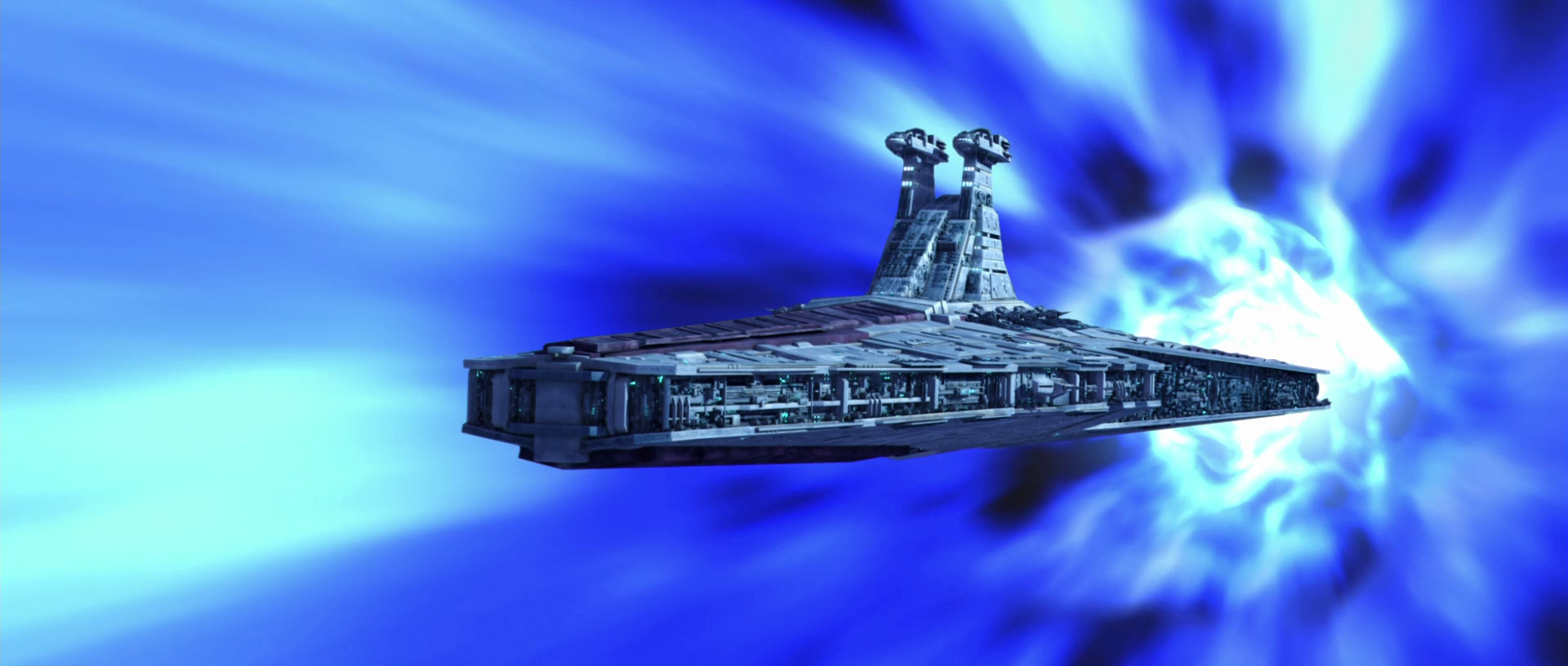 Anakin Skywalker's Venator-class Star Destroyer, the Resolute, races to help Aayla Secura in the Quell system.