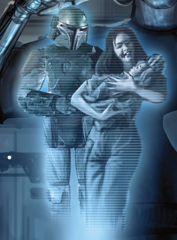 A holographic image of Boba with Sintas Vel and their baby daughter Ailyn Vel.