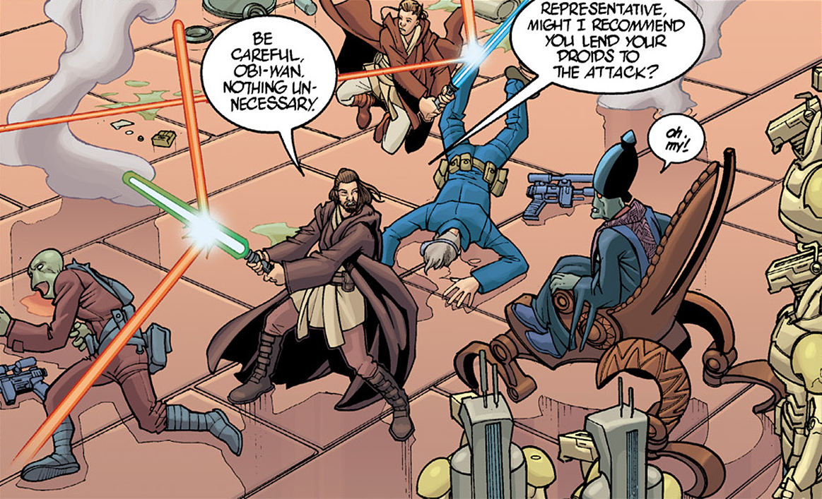 Qui-Gon Jinn and Obi-Wan Kenobi protecting Nute Gunray