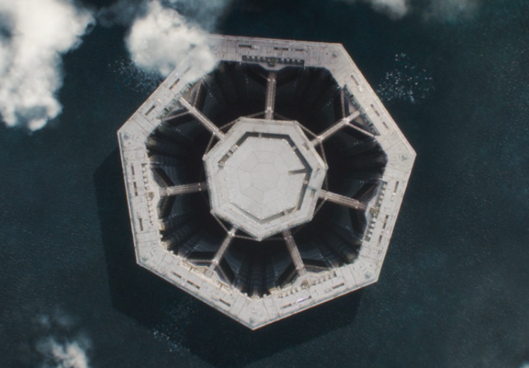 A prison cylinder as seen from above; central spire and sky bridges are visible