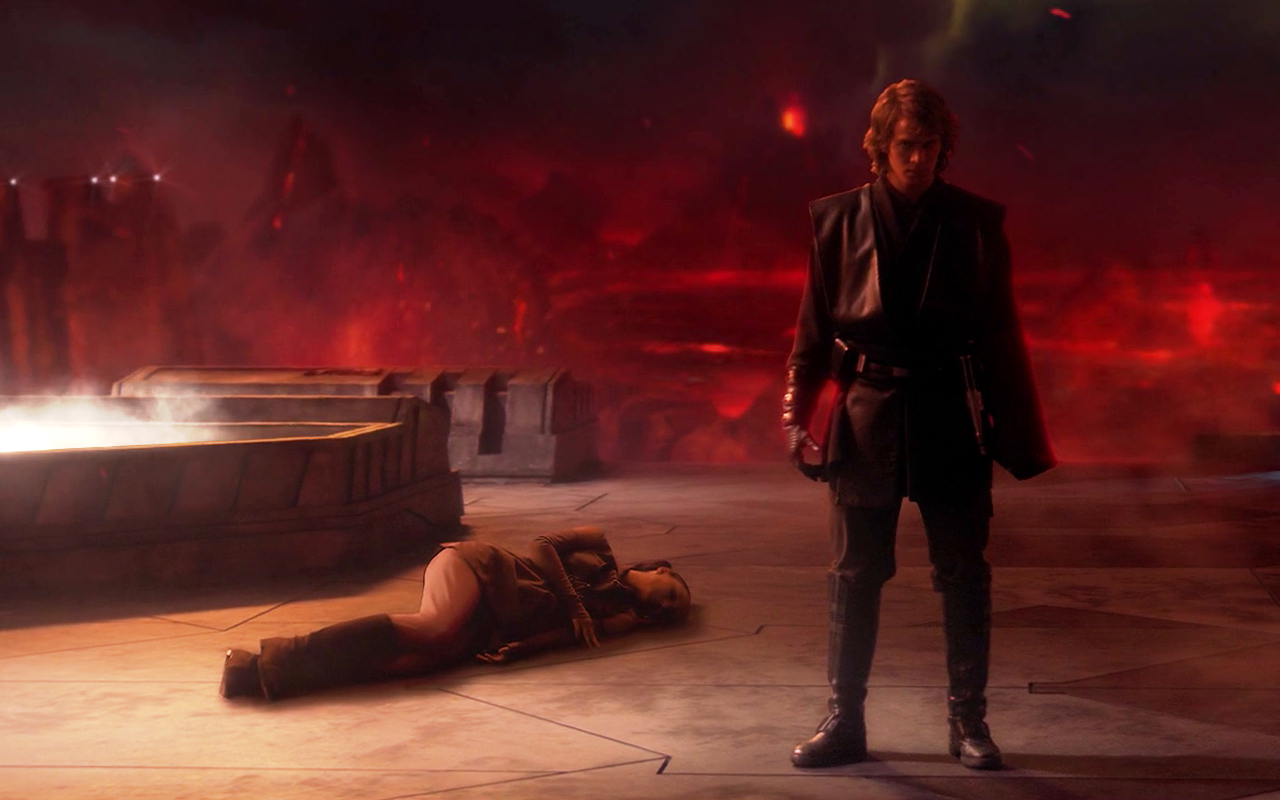 Vader and the unconscious Amidala on Mustafar.