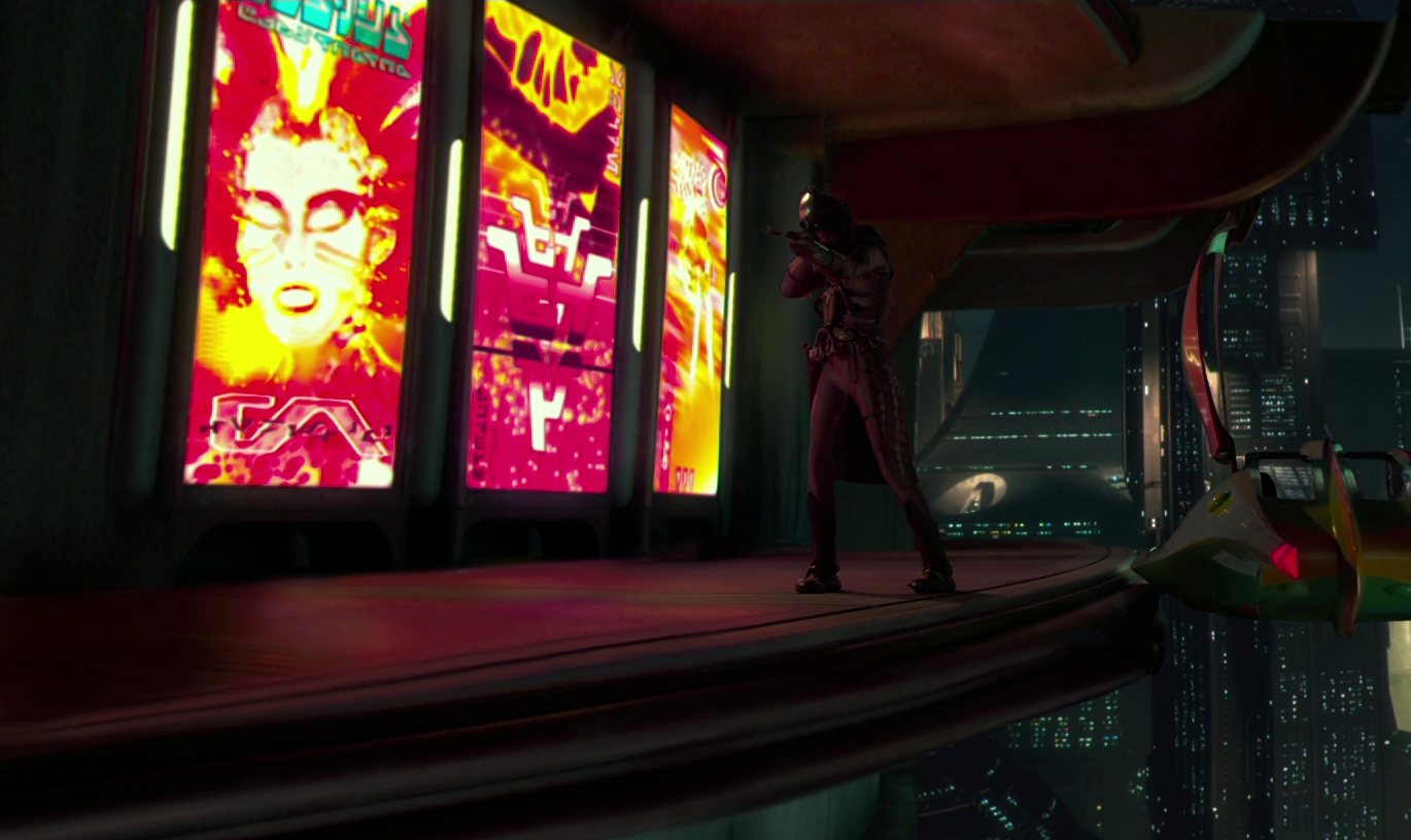 Zam Wesell takes aim from the upper balcony of the Trade Federation office tower, in front of several advertising screens displaying this and other scripts.