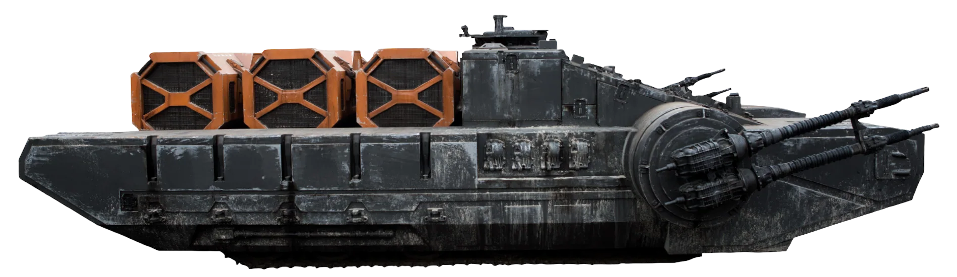 A profile view of an Imperial combat assault tank loaded with cargo