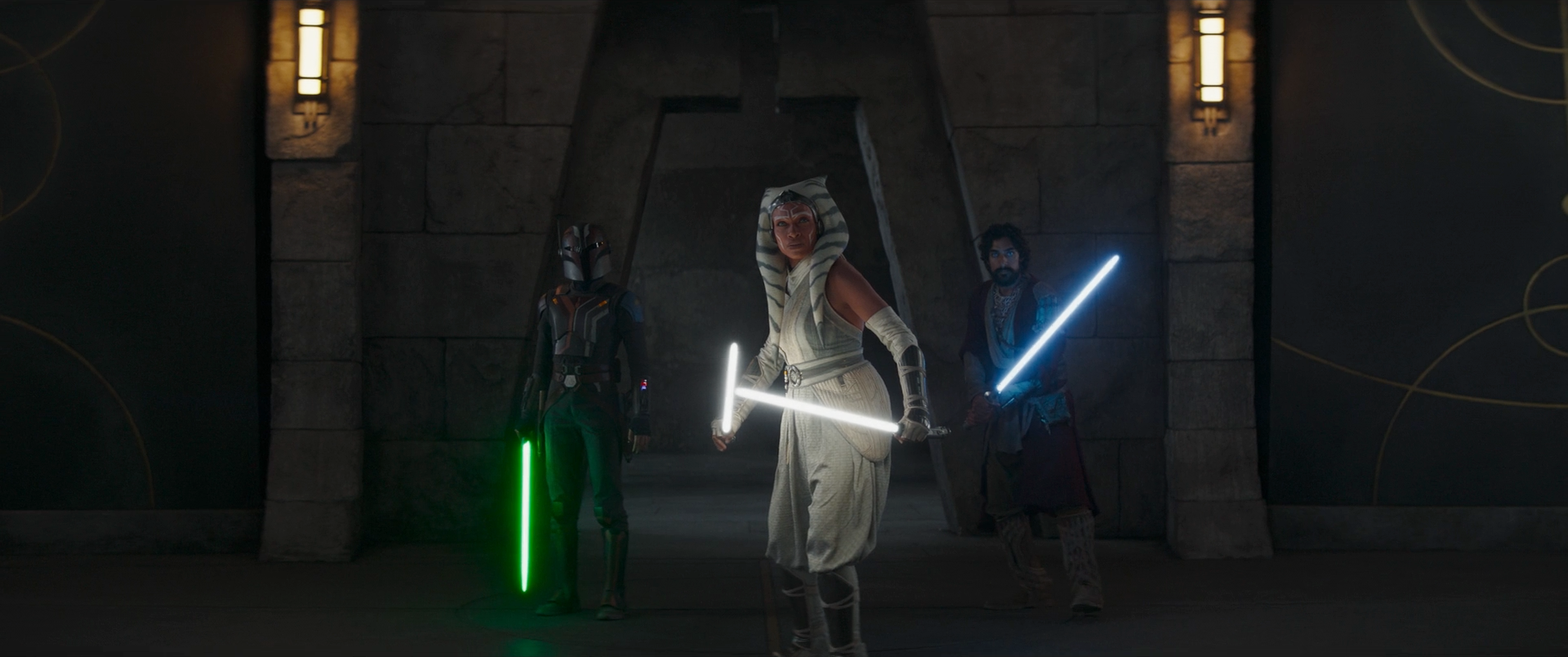 Lightsaber blades with green, white, and blue colors appear together in live action via Ahsoka.