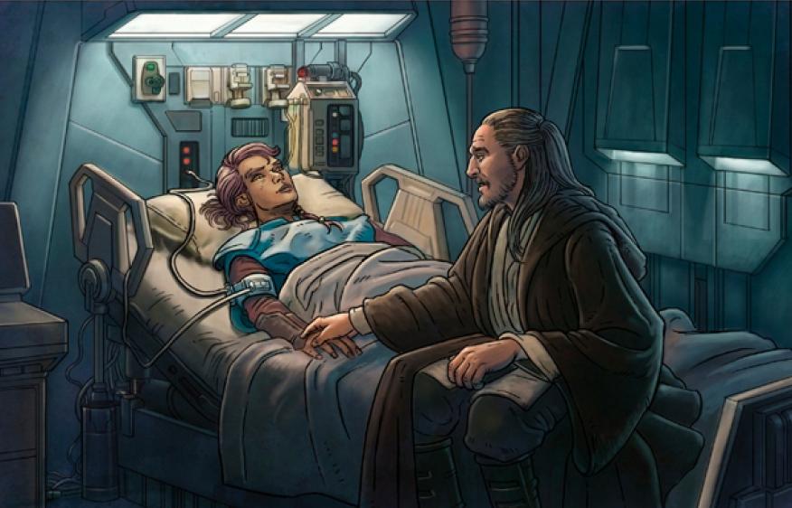 Qui-Gon Jinn alongside Tahl on her deathbed.