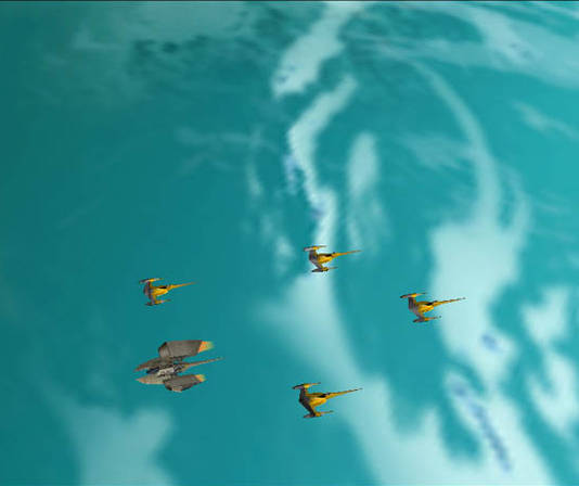 The assault force, consisting of four N-1 starfighters and one other starfighter flying up to the target.