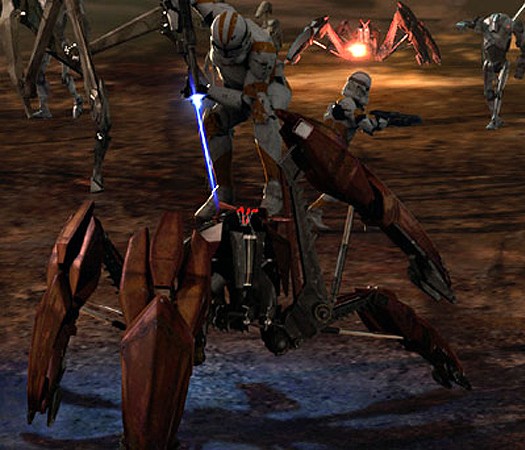 A clone trooper destroys a crab droid during the Battle of Utapau.