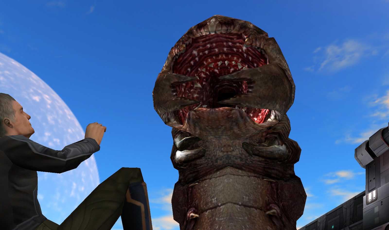 Korr witnesses the survivor of the crash being eaten by the sand worm.