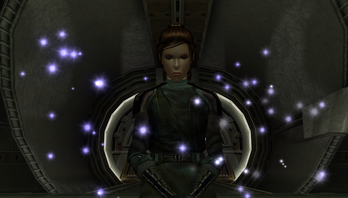 Shan (as a Sith apprentice) uses battle meditation to help the Sith fleet.