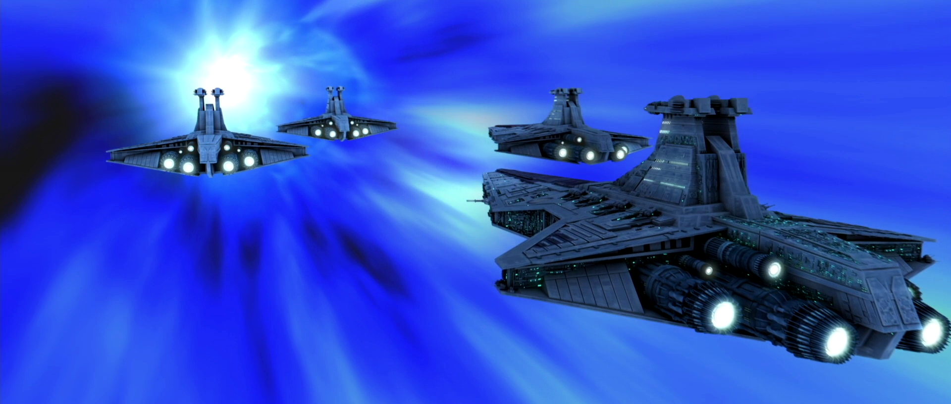 Venator-class Star Destroyers traveling in hyperspace