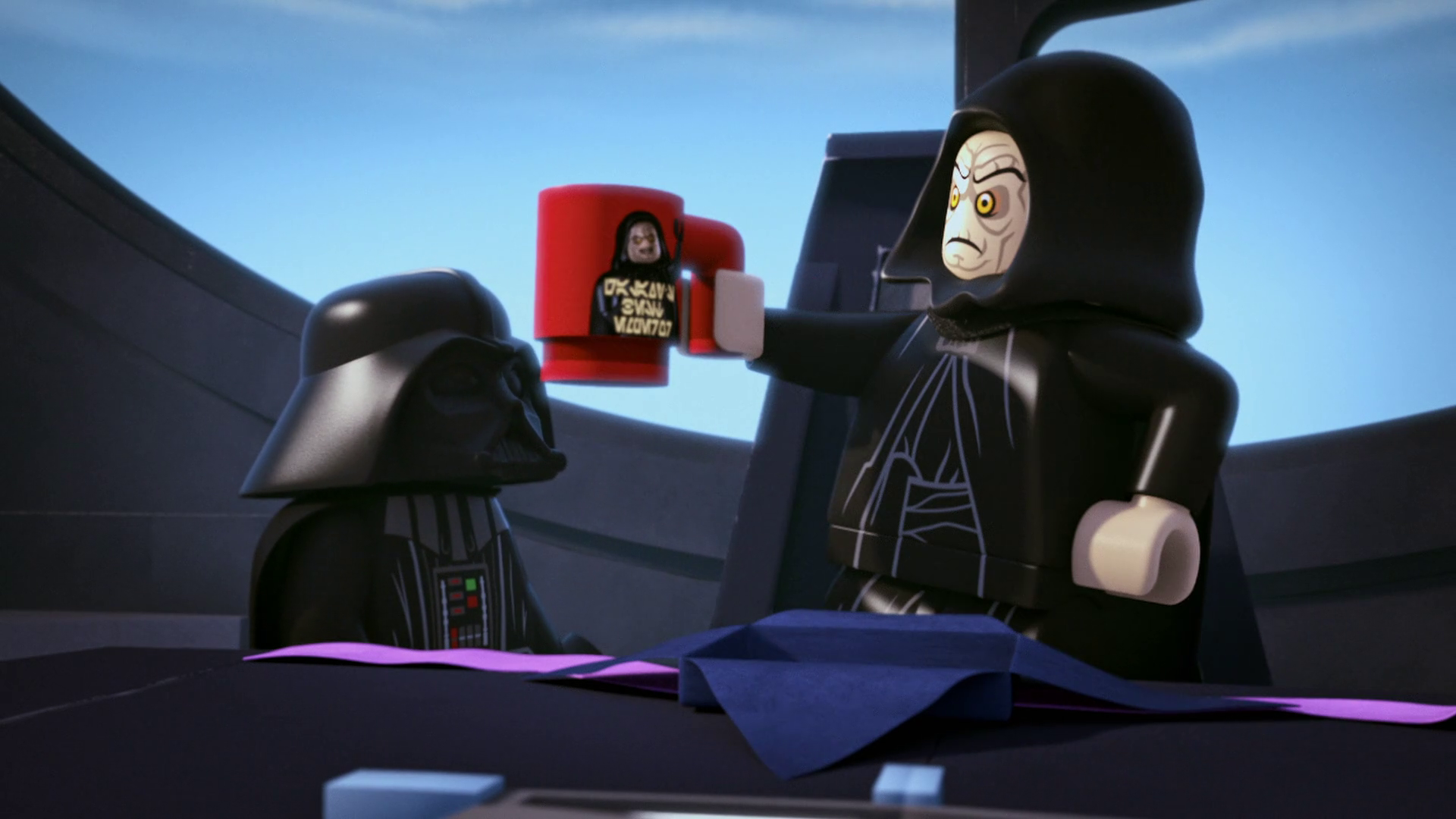 Palpatine inspects a red Galaxy's Best Emperor Mug.