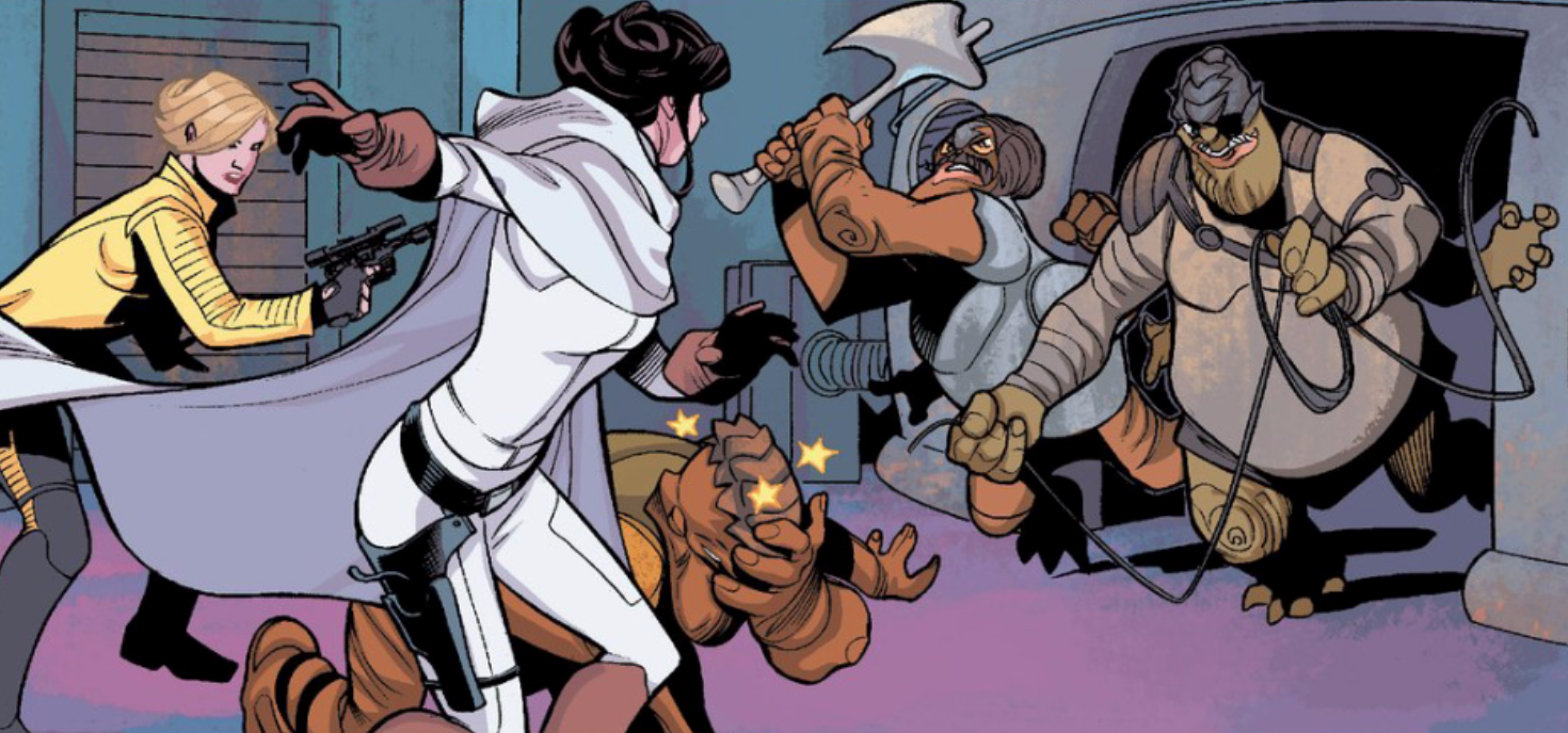 Verlaine and Organa fight the guards outside of Club Deeja.