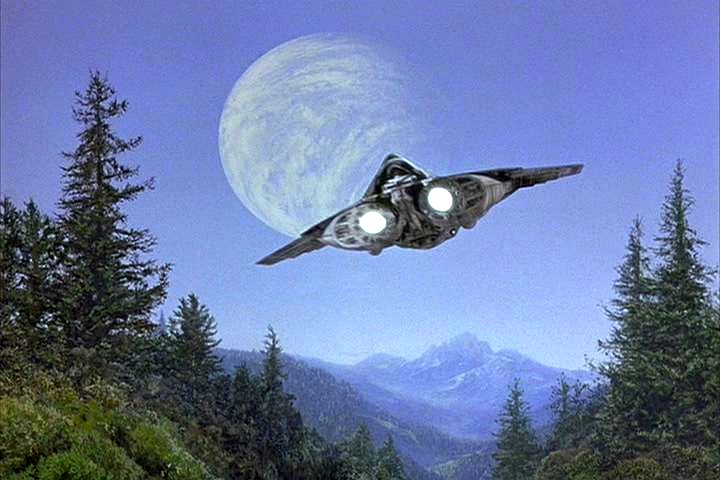 Briqualon's starship lifting off of the forest moon of Endor.