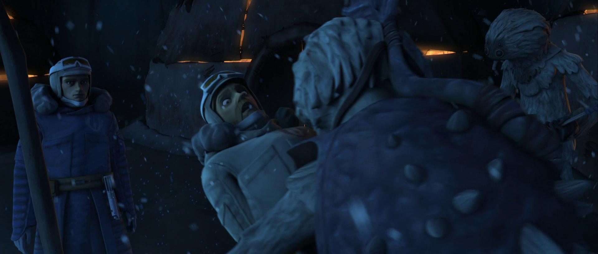 Kenobi is surprised by a hug given by the Talz chieftain in lieu of a handshake.