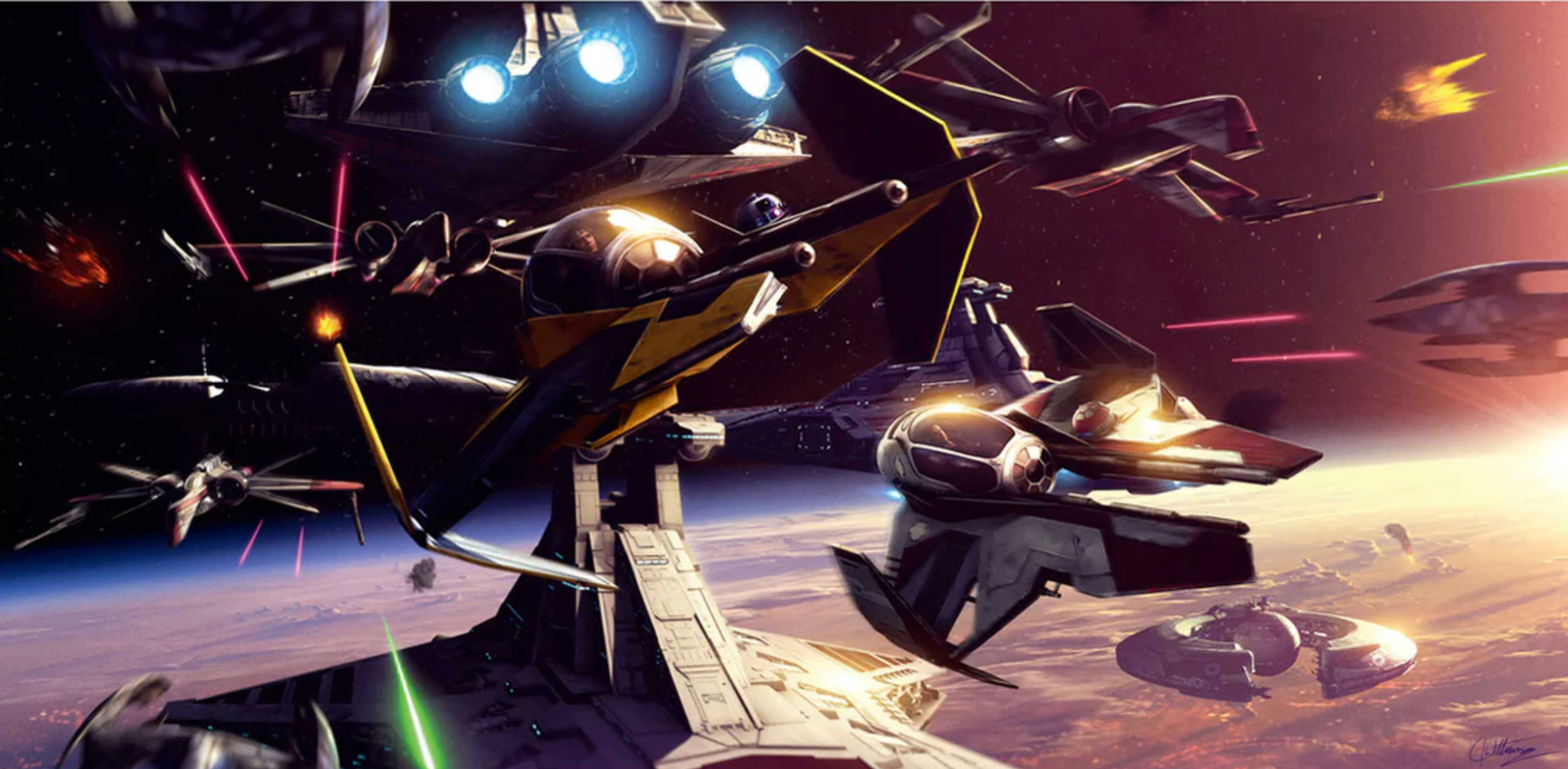 Jedi Generals Anakin Skywalker and Obi-Wan Kenobi lead clone-piloted ARC-170s into combat from their Eta-2s.