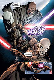 Asajj Ventress joining her paired lightsabers during her duel with Mace Windu.