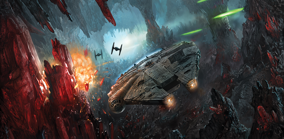 The Millennium Falcon led the TIE fighters into caverns under Crait's surface.