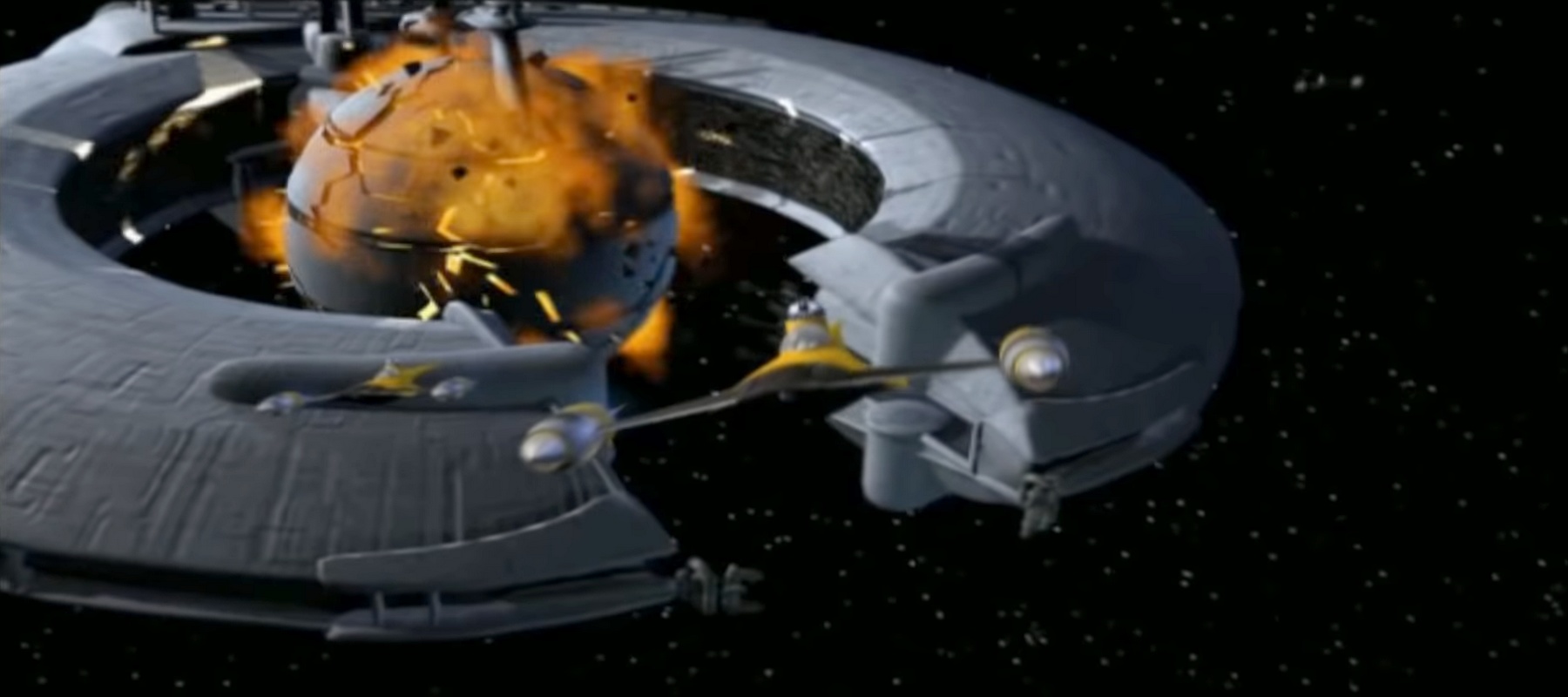 Rhys Dallows and Anakin Skywalker escape the doid control ship just before it explodes.