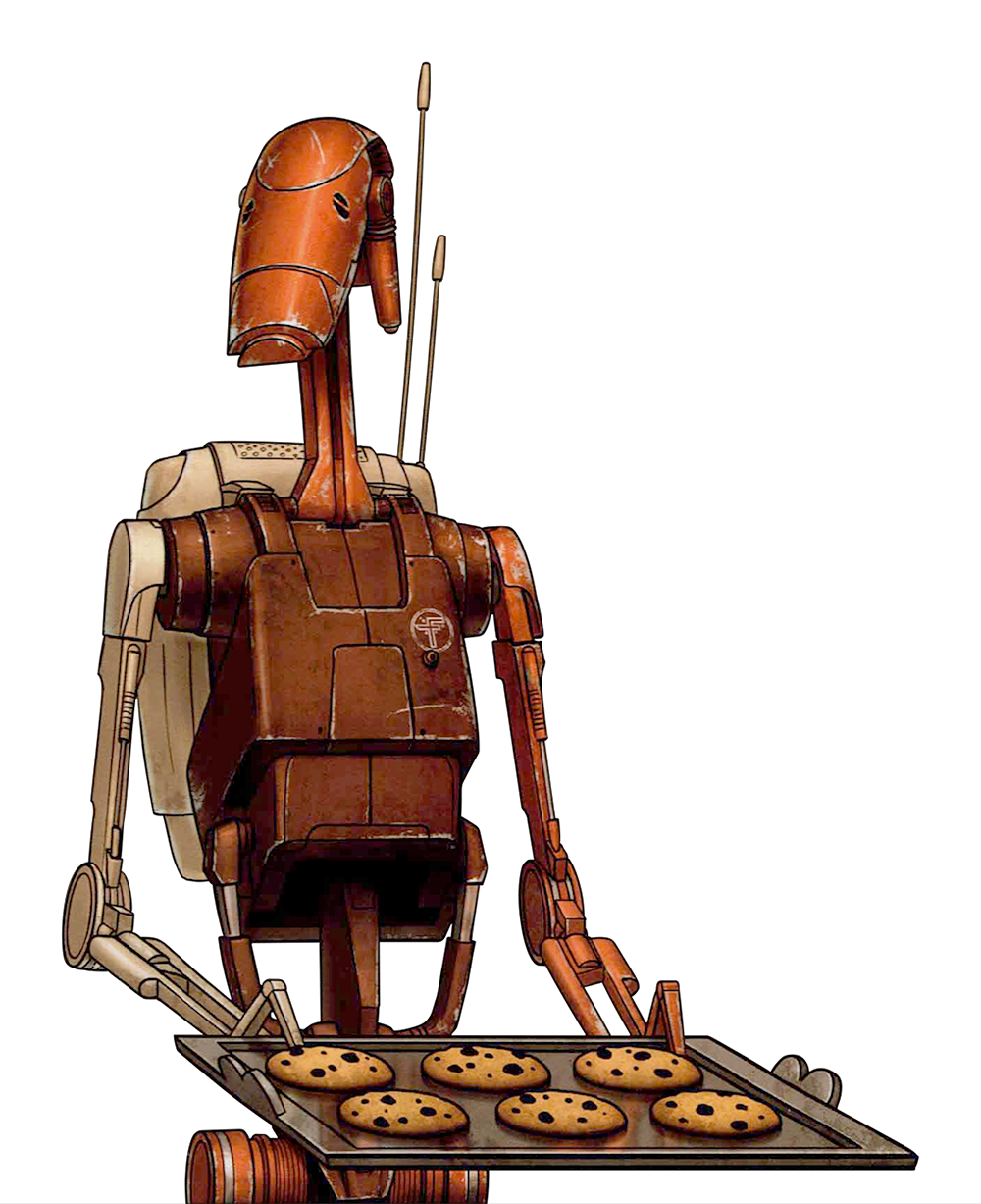 The reprogrammed battle droid R0-GR baked sweet-sand cookies.