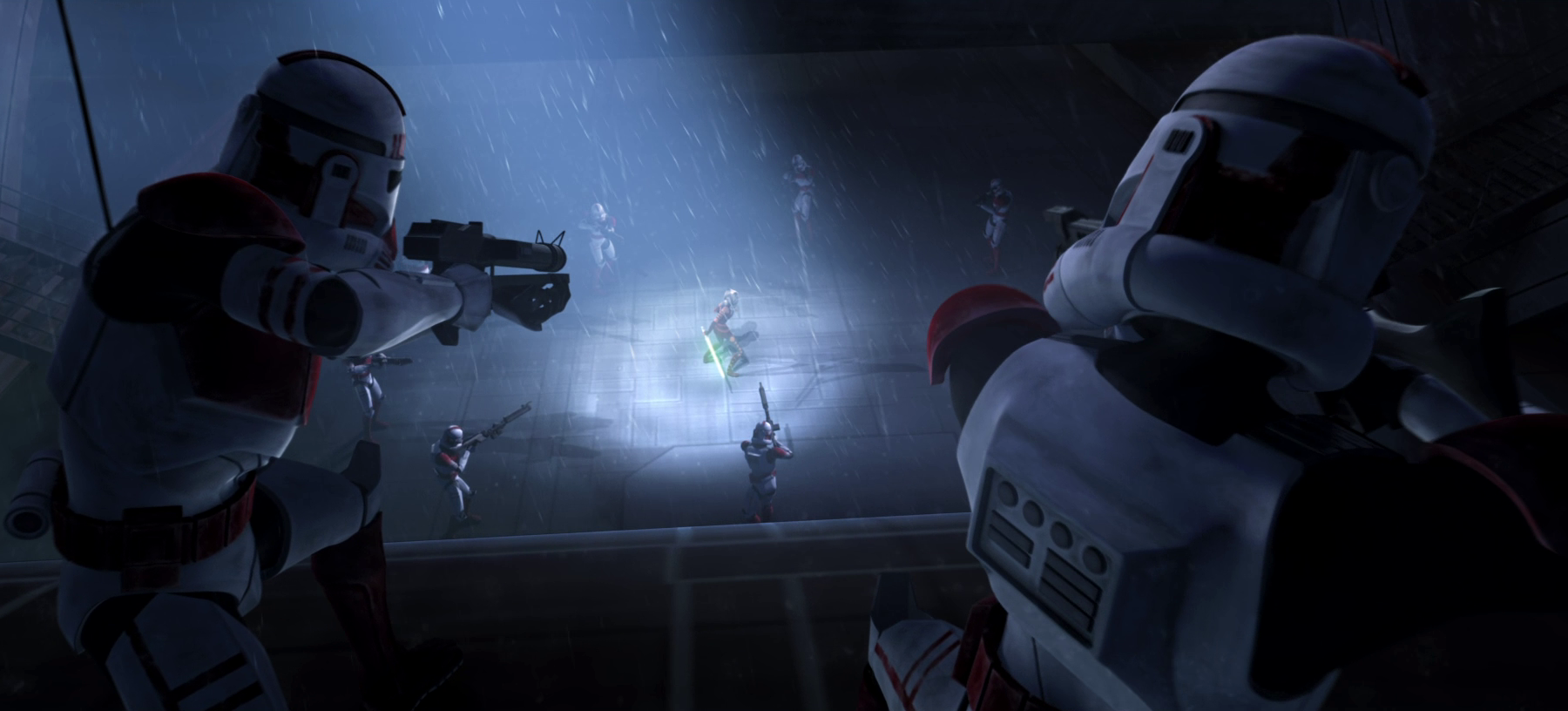 Clone shock troopers tried to capture Ahsoka Tano after she was framed for the killing of Letta Turmond.