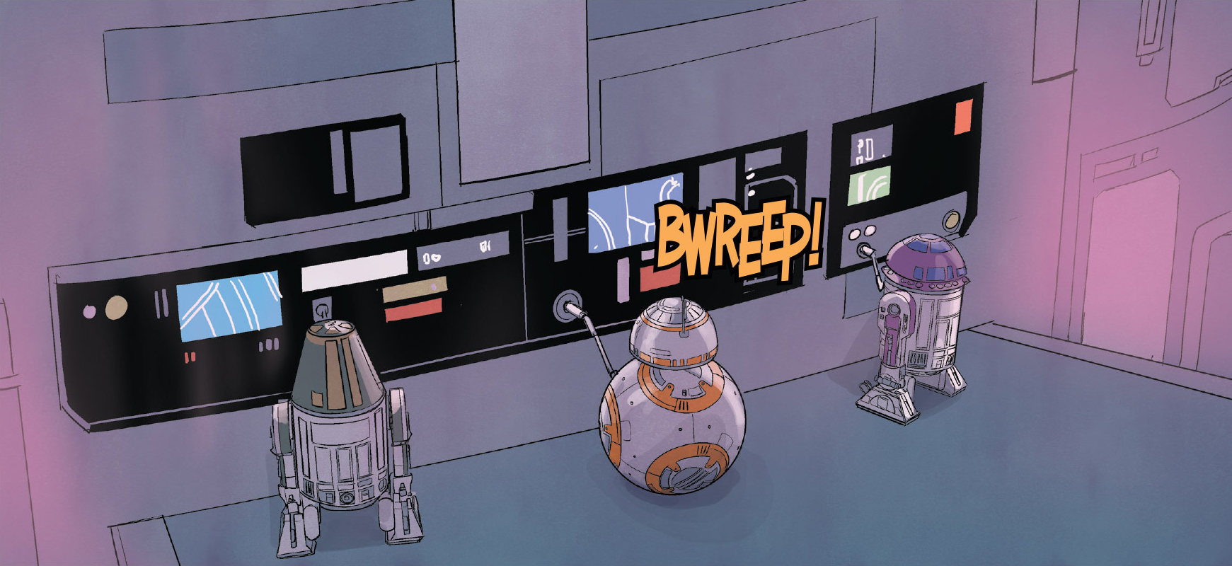 R4, BB-8, and R2-HA attempting to access the network terminal